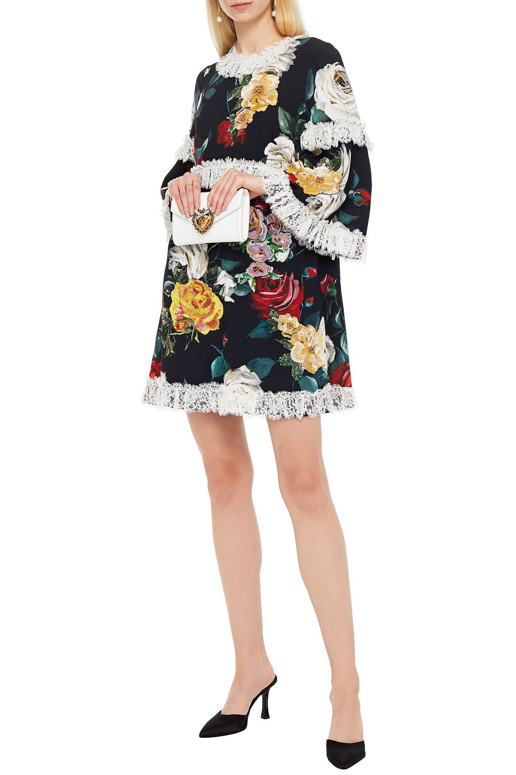 DOLCE&GABBANA Embellished lace-trimmed floral-print crepe de chine mini dress