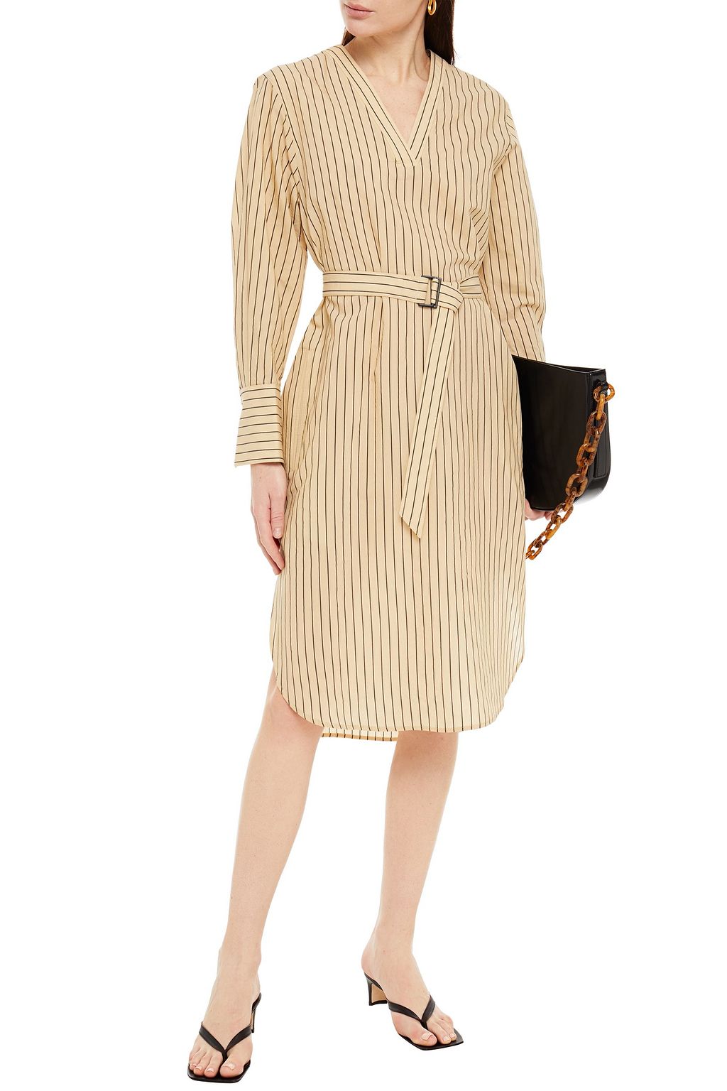 JOSEPH Belted striped cotton and silk-blend midi dress