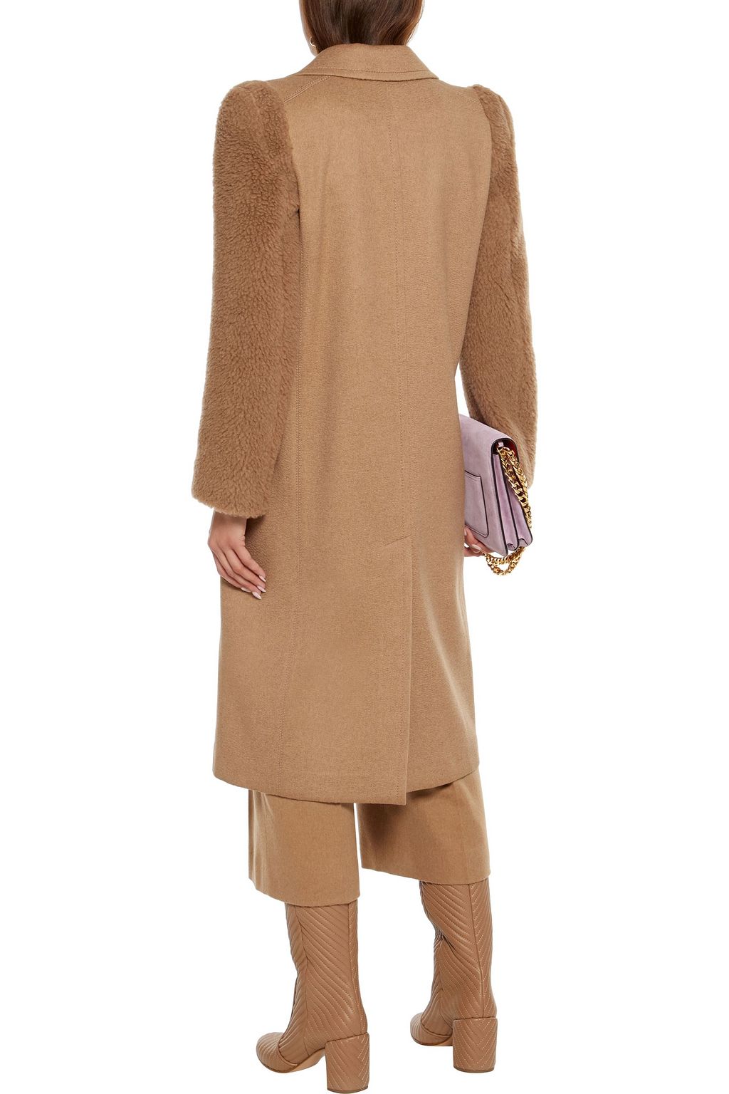 FENDI Faux shearling-paneled embroidered camel hair coat