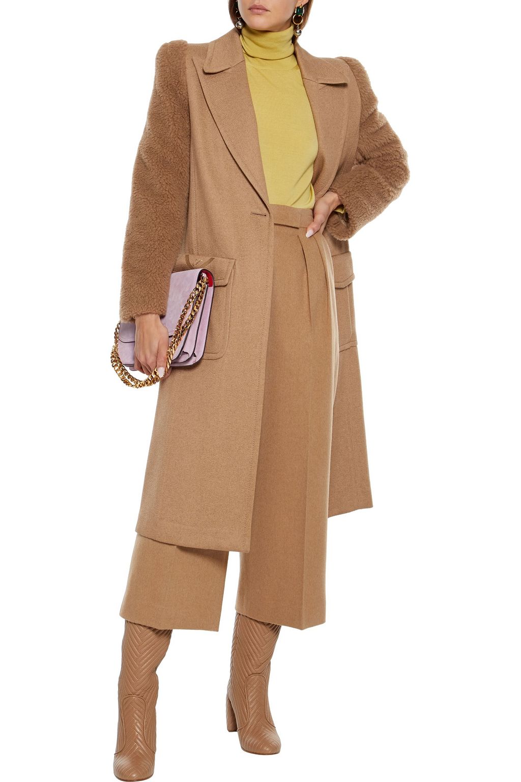 FENDI Faux shearling-paneled embroidered camel hair coat