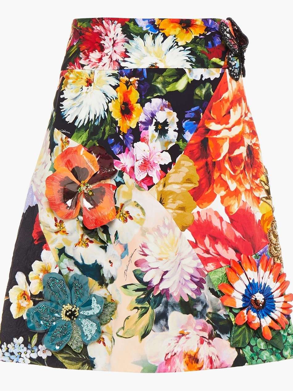 embellished floral-print crepe de chine mini skirt