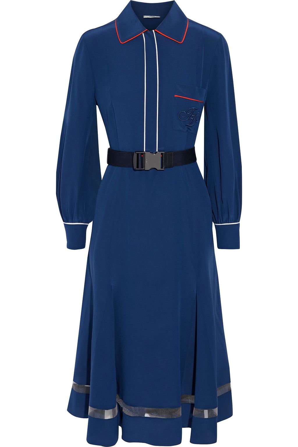 Belted tulle trimmed silk crepe de chine midi dress