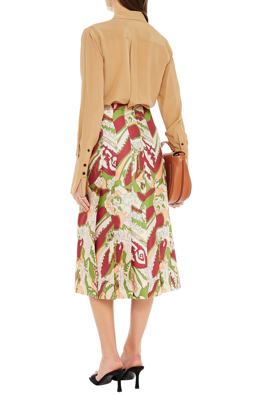 VICTORIA BECKHAM Midi-Wickelrock aus Seidensatin mit Print und Lederbesatz