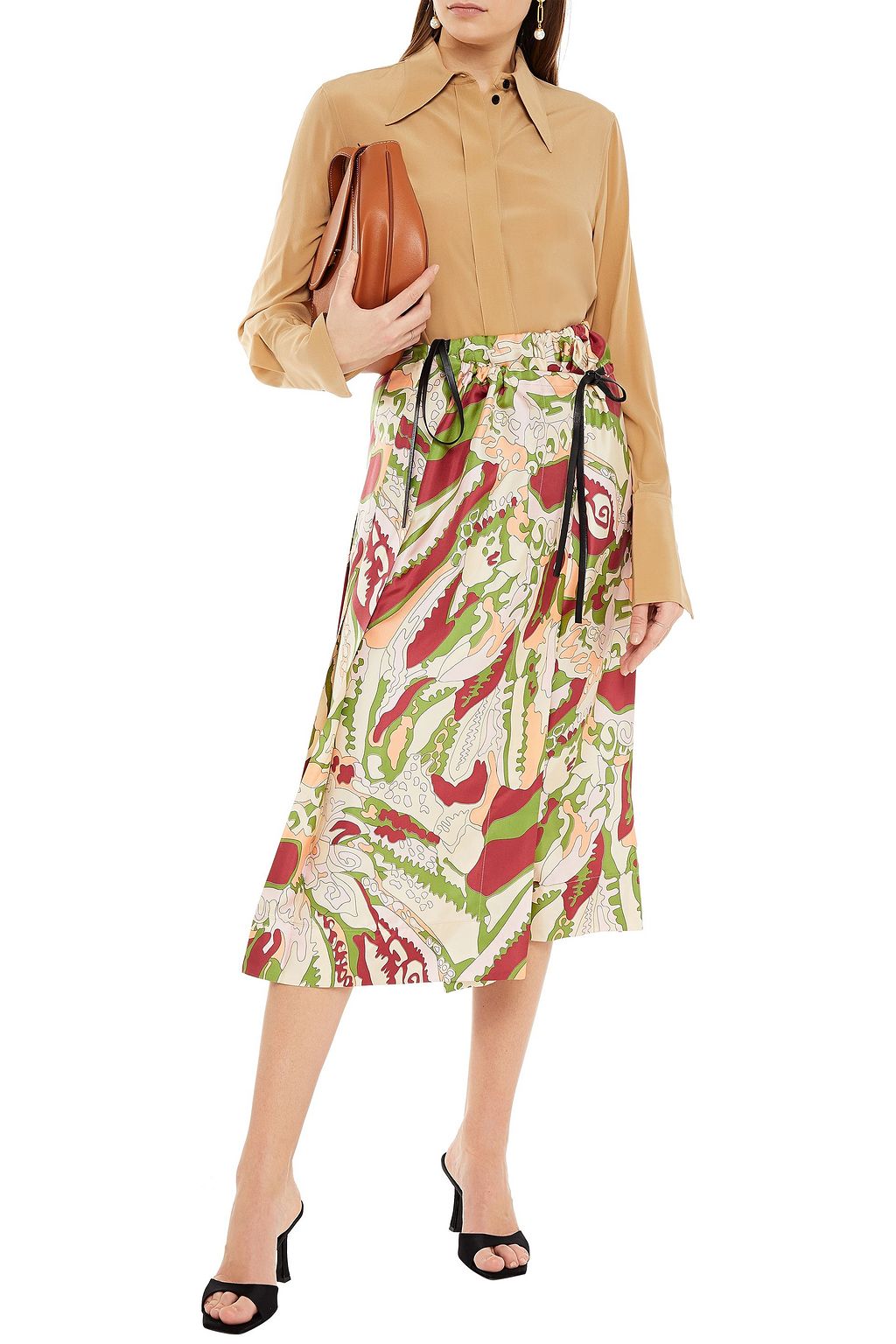 VICTORIA BECKHAM Midi-Wickelrock aus Seidensatin mit Print und Lederbesatz