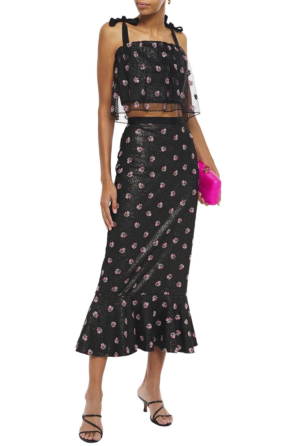 SALONI Aidan sequined chiffon and embroidered point d'esprit midi skirt