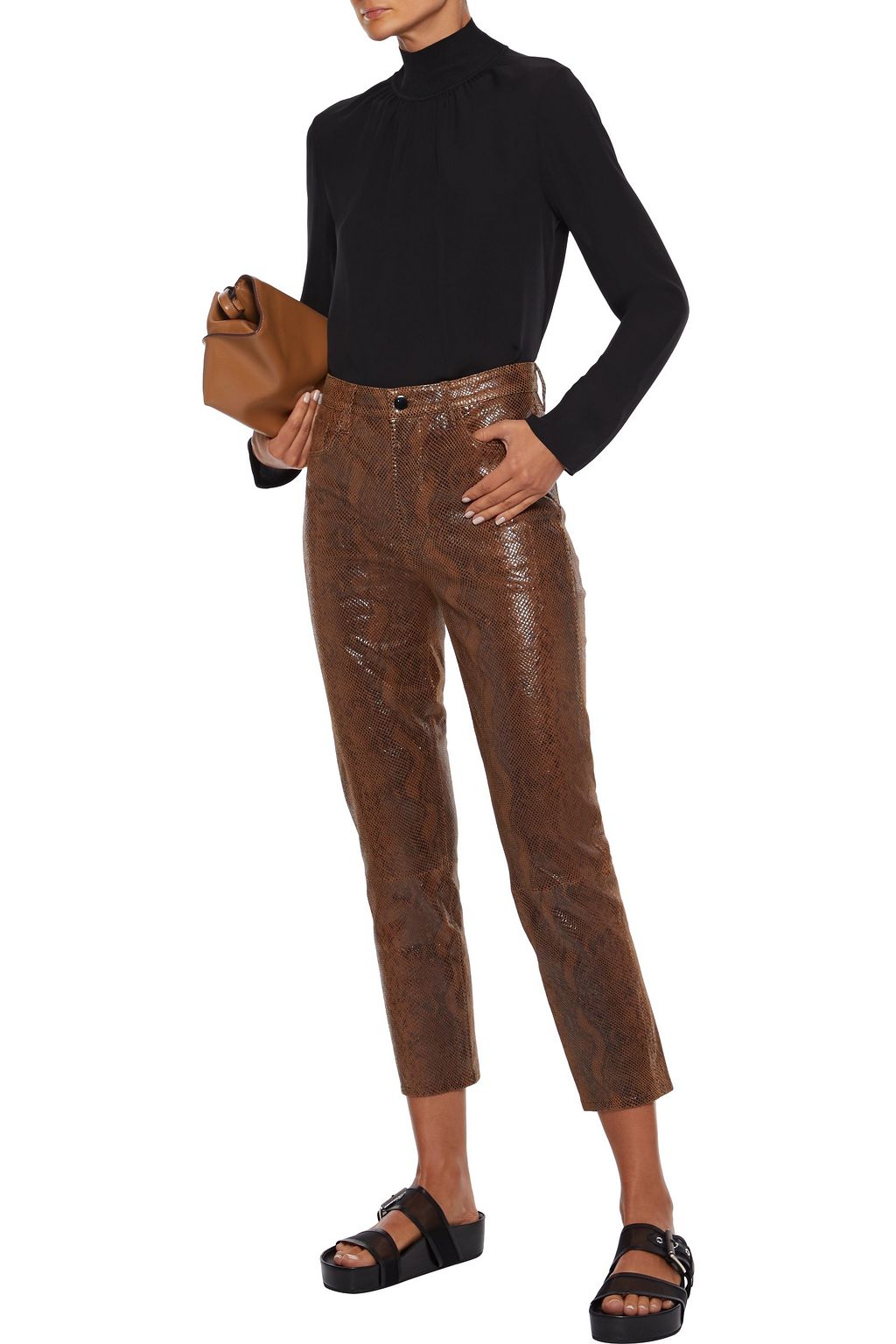 THEORY Gathered silk crepe de chine turtleneck top
