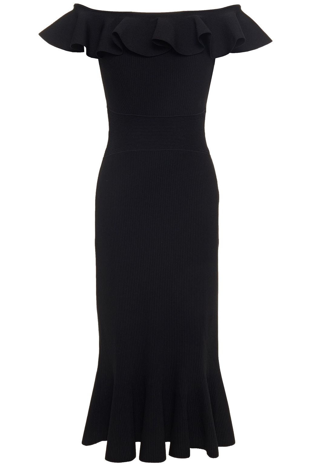 Black Offtheshoulder fluted ribbedknit midi dress Sale up to 70