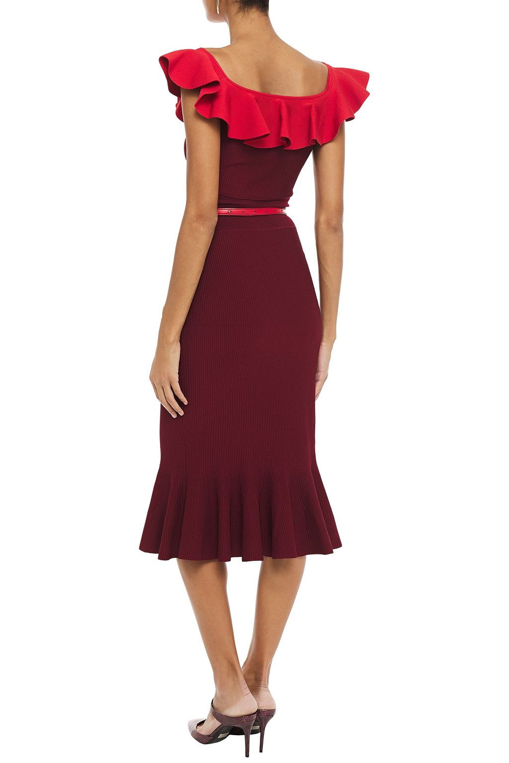 MCQUEEN Ruffled two-tone ribbed-knit midi dress