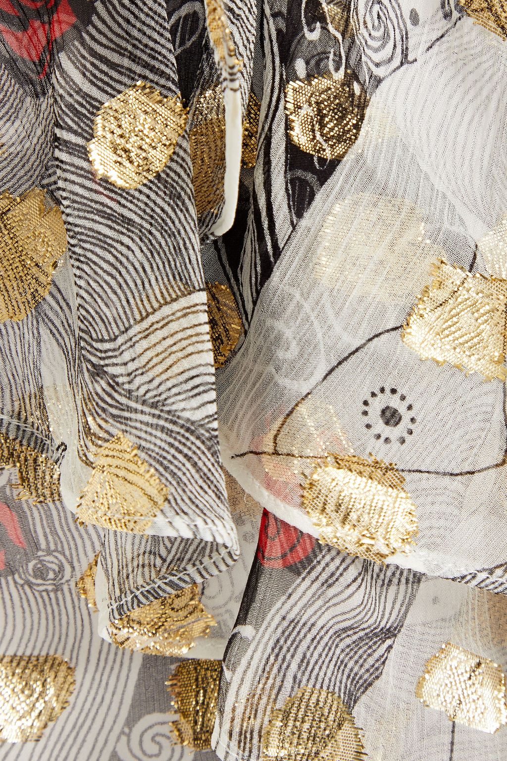MCQUEEN Ruffled metallic fil coupé printed silk-blend crepon top