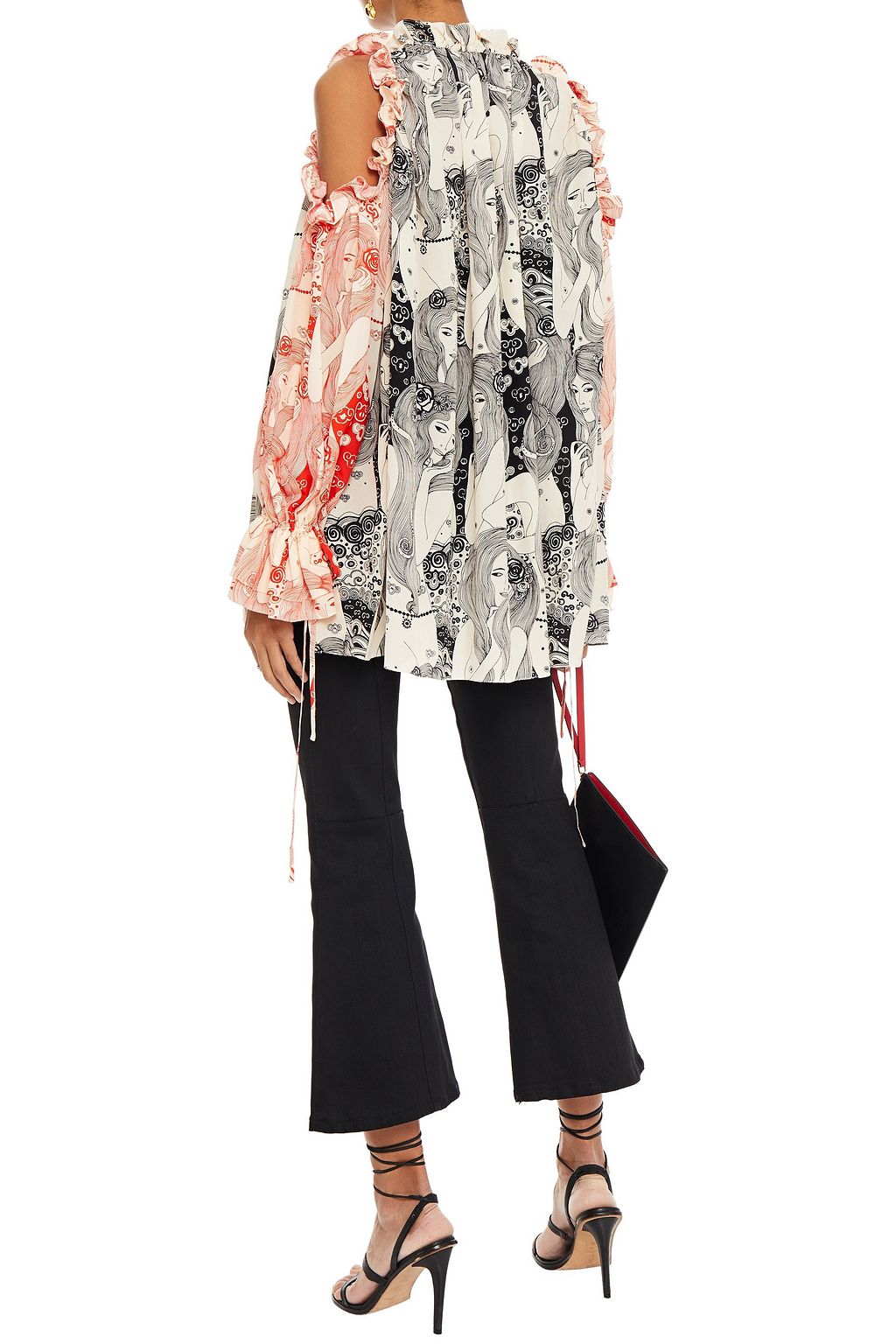 MCQUEEN Cold-shoulder ruffled printed silk crepe de chine blouse