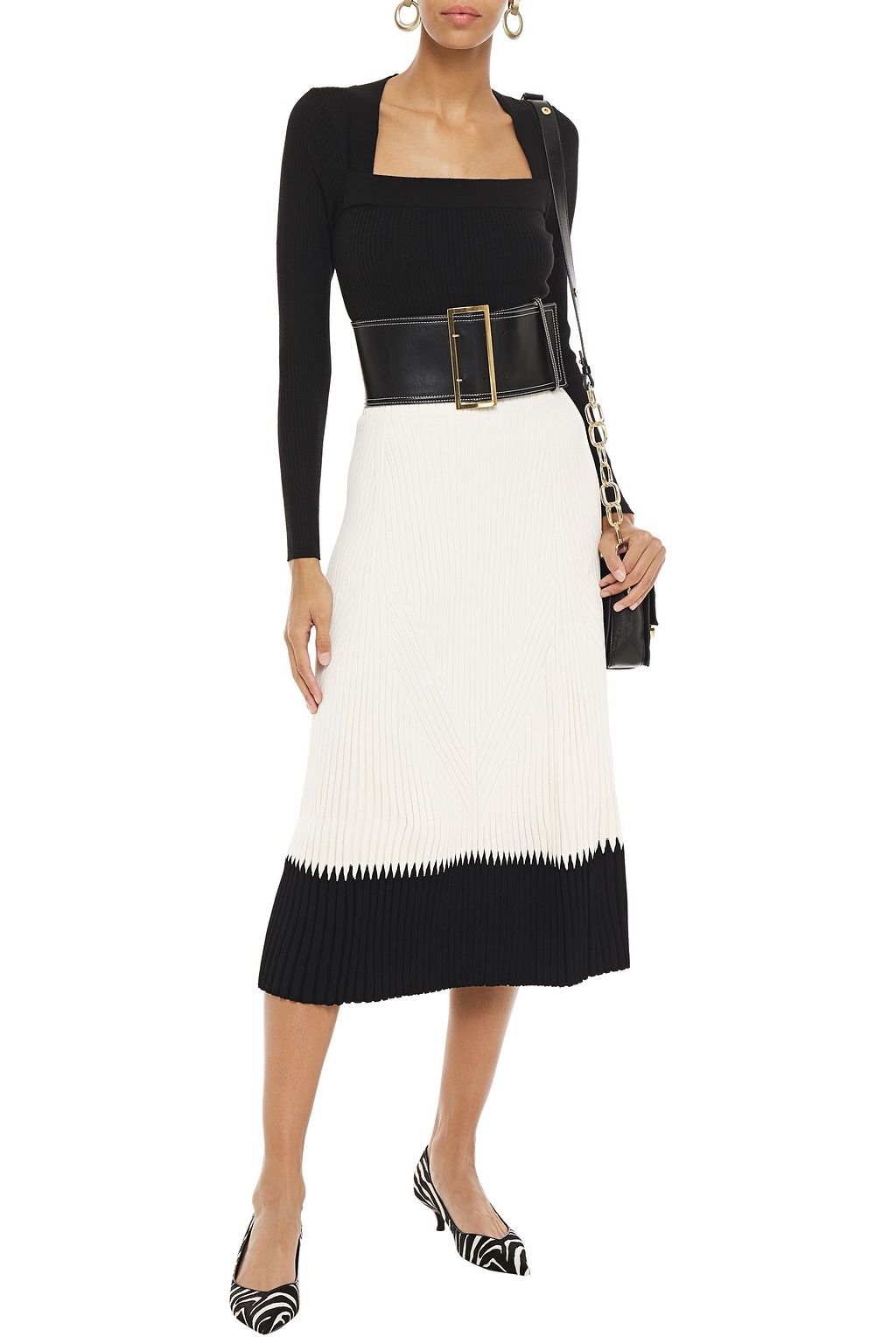 MCQUEEN Two-tone ribbed-knit midi skirt
