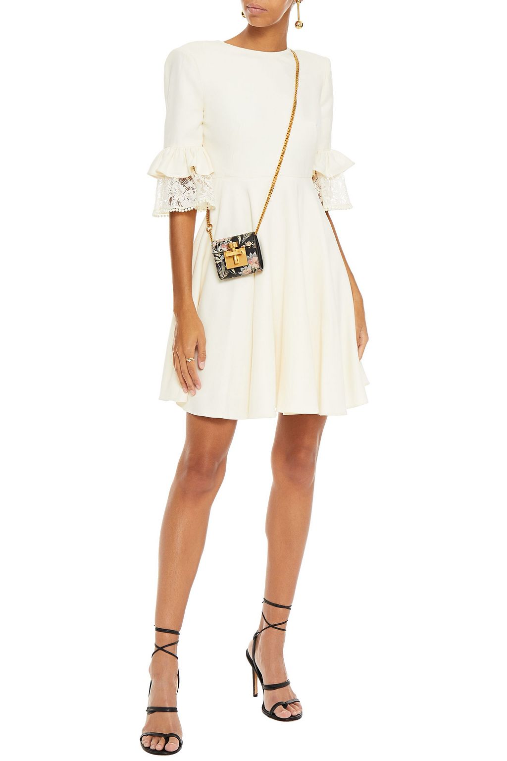 MCQUEEN Lace-trimmed ruffled wool-blend crepe mini dress