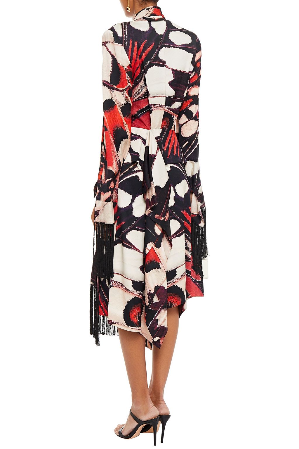 MCQUEEN Tie-neck fringed printed silk-satin midi dress
