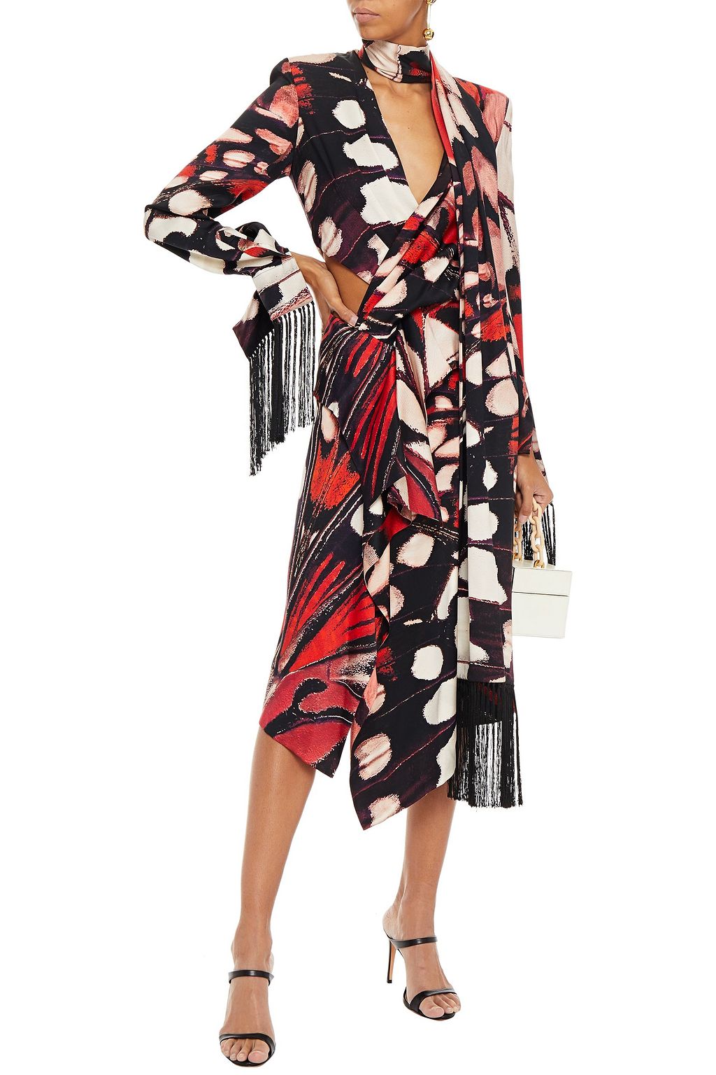 MCQUEEN Tie-neck fringed printed silk-satin midi dress