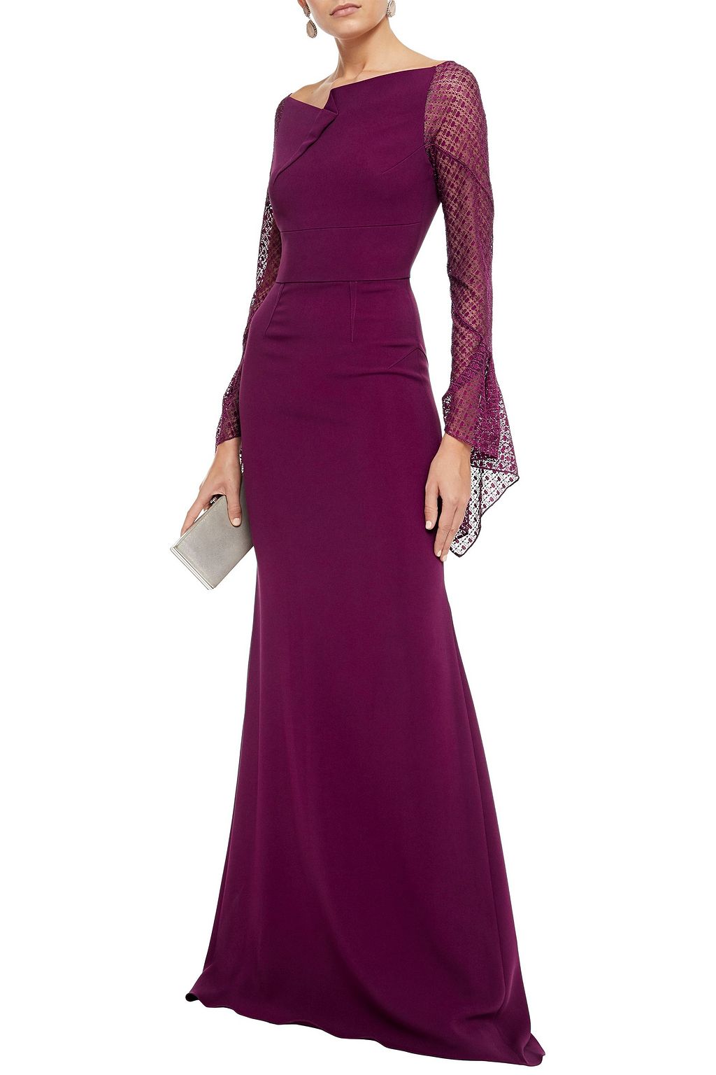 ROLAND MOURET 레이스 패널 핀턱 디테일 크레이프 가운