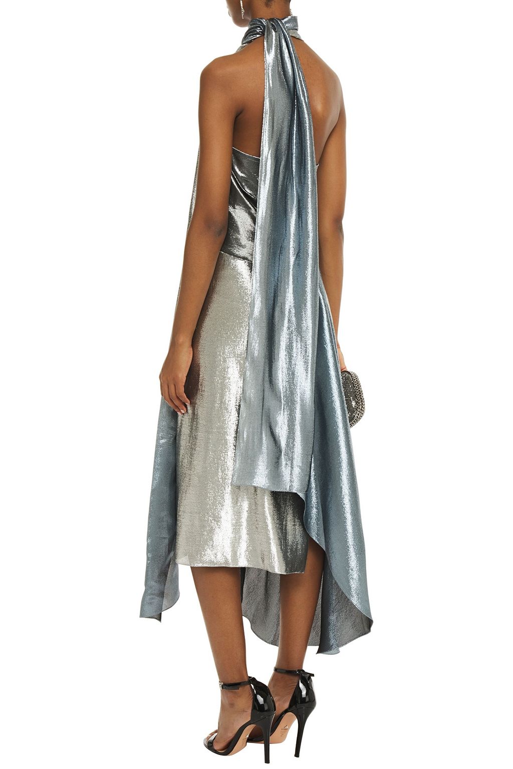 ROLAND MOURET Asymmetric pussy-bow silk-blend lamé midi dress