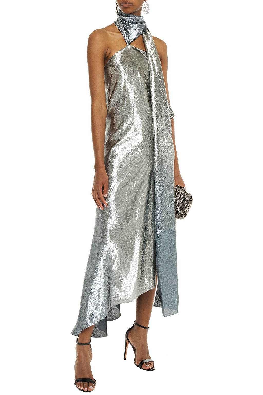 ROLAND MOURET Asymmetric pussy-bow silk-blend lamé midi dress