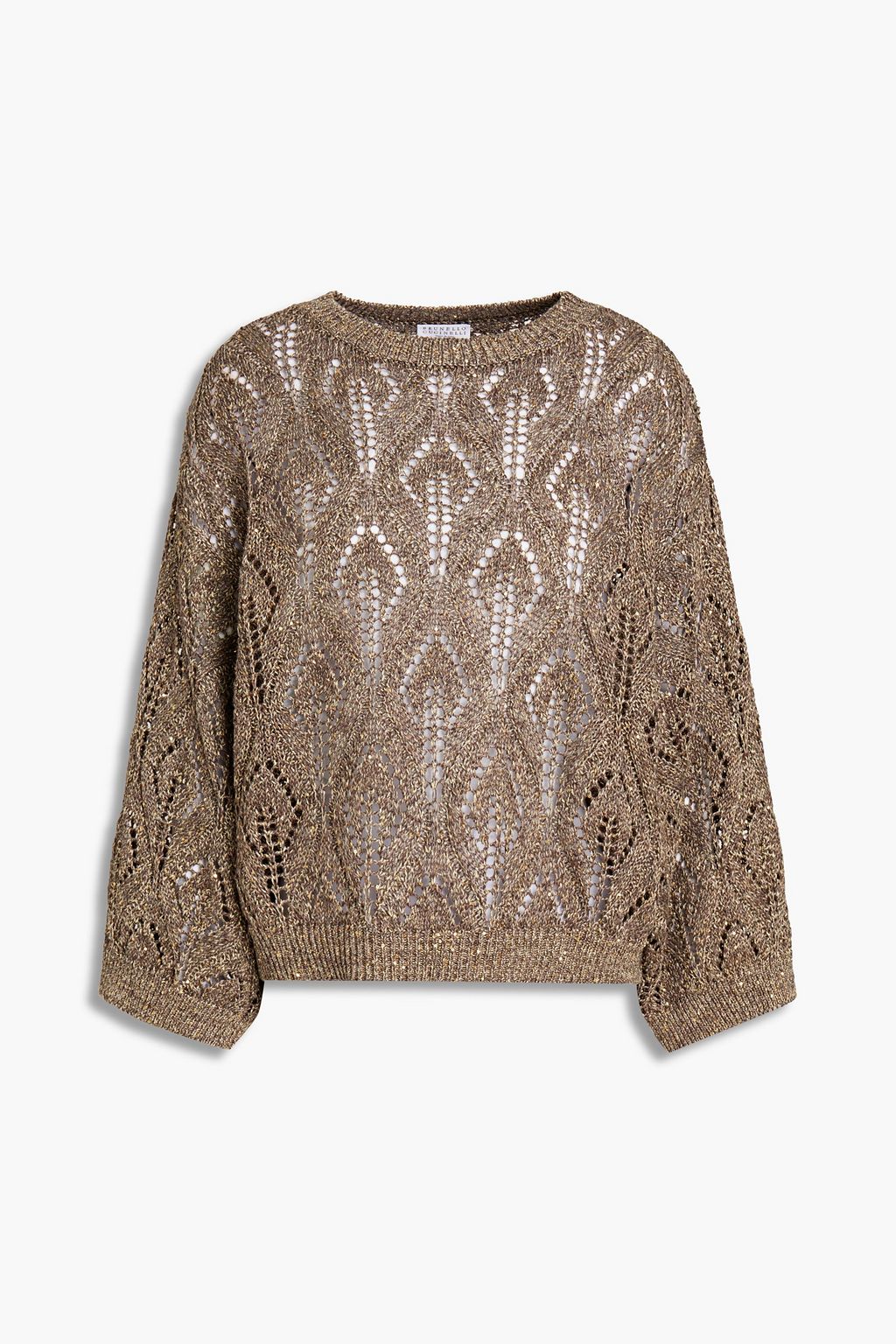 Brown Embellished pointelle-knit linen 