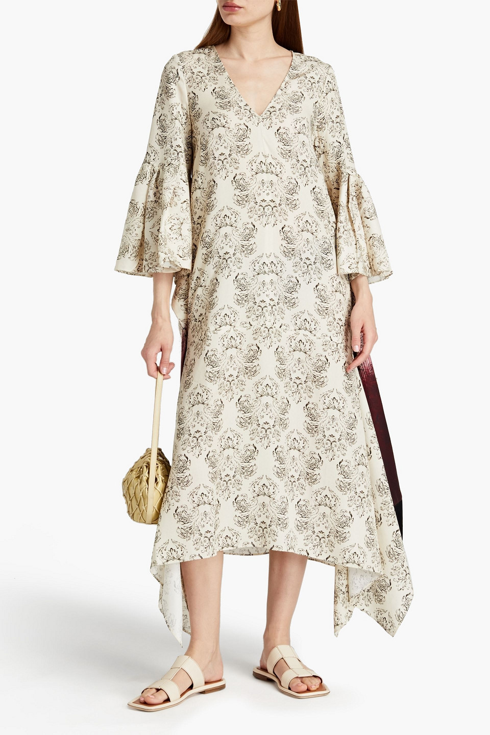 Mother Of Pearl Melody Draped Printed Lyocell-twill Midi Dress In Neutrals