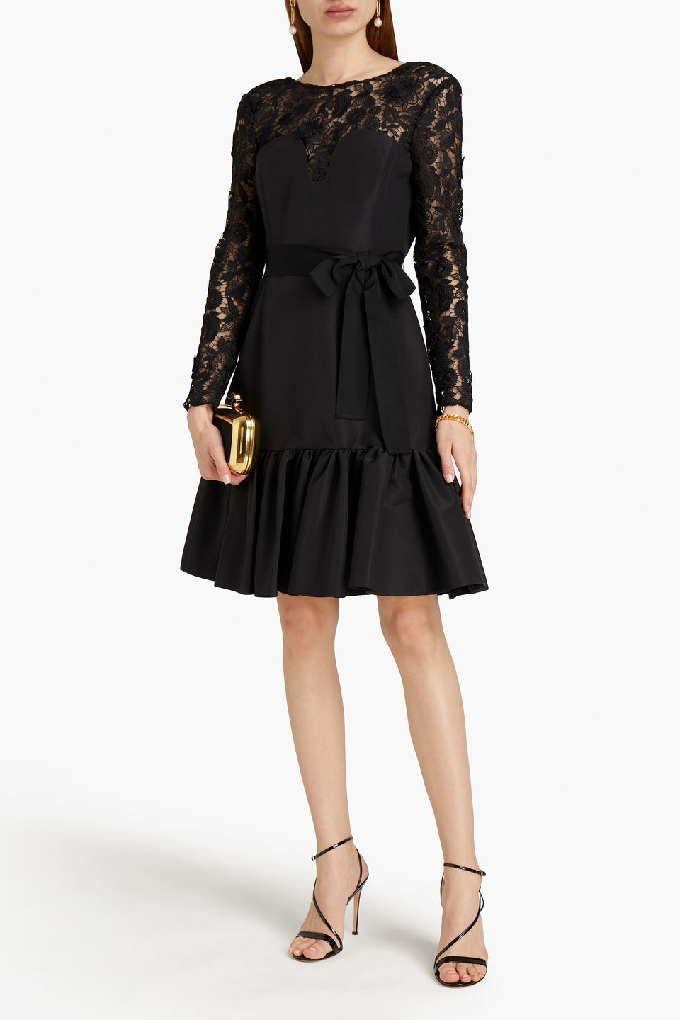 Carolina Herrera Guipure Lace-paneled Taffeta Dress In Black