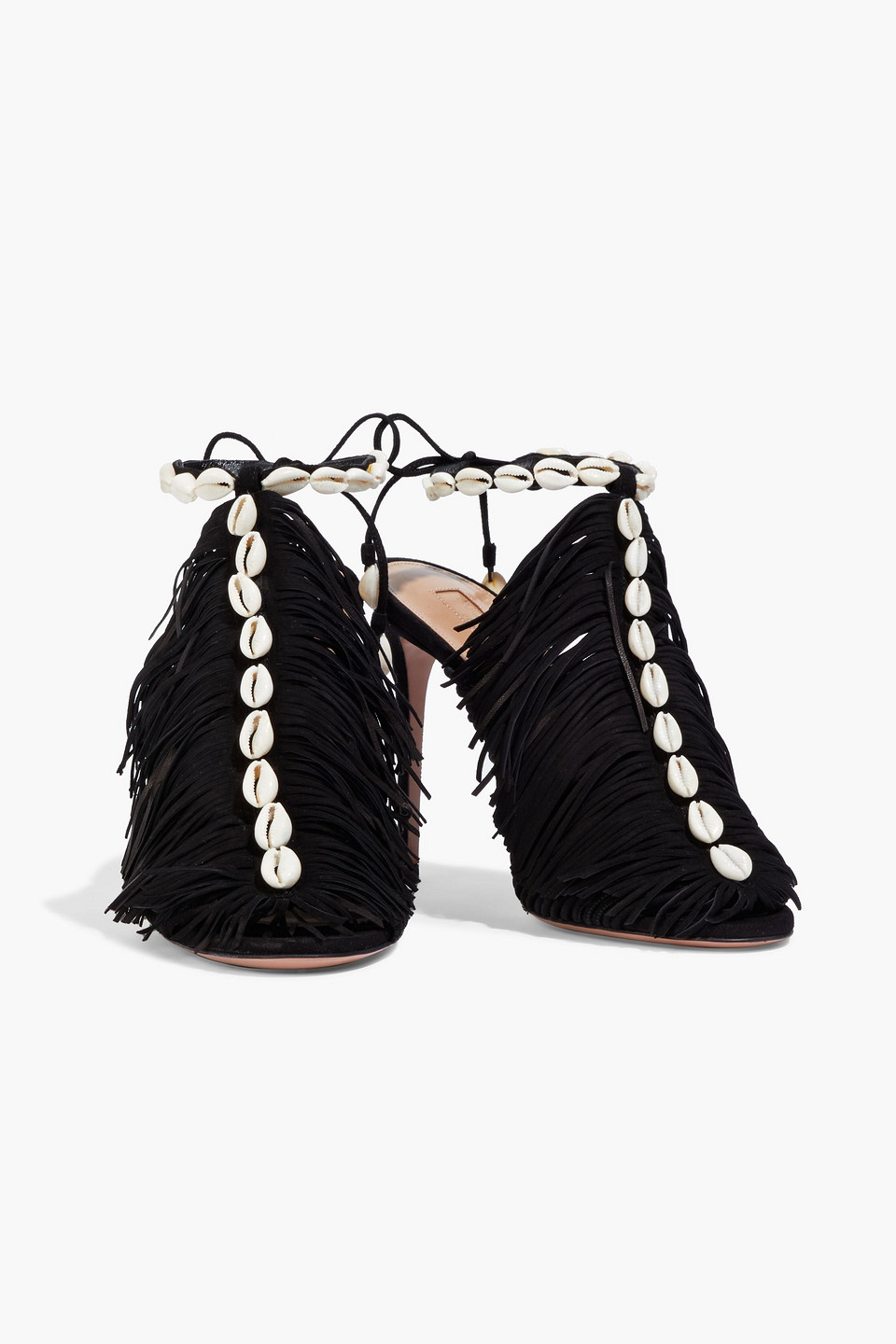 Aquazzura So Tulum 105 Faux Shell embellished Fringed Suede