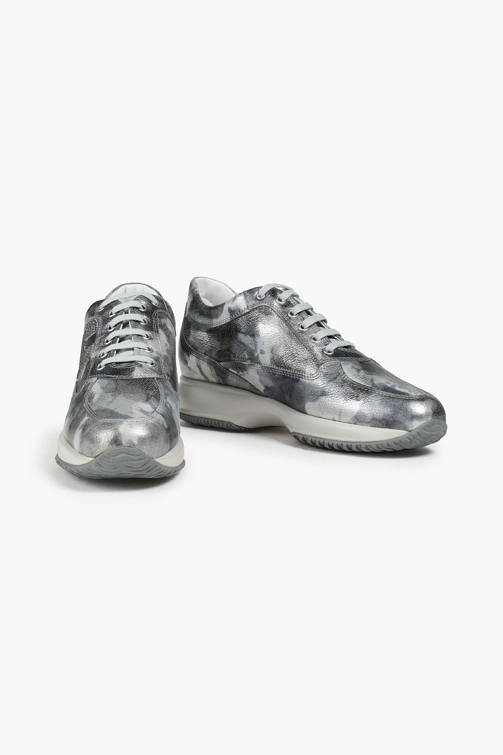 HOGAN Crystal-embellished metallic textured-leather sneakers
