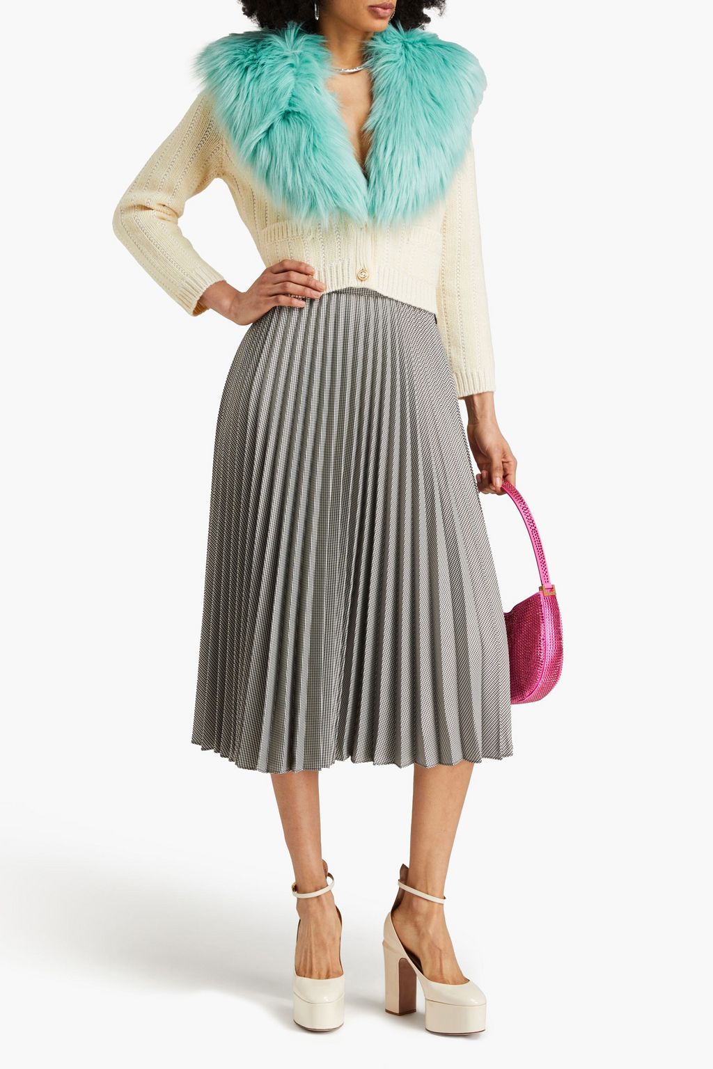 GUCCI Cardigan aus Pointelle-Strick aus einer Woll-Kaschmirmischung mit Besatz aus Kunstfell