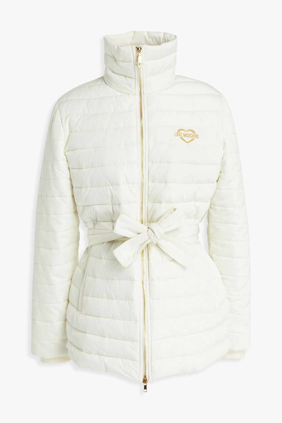 Love Moschino Belted Embroidered Quilted Shell Jacket In Ivory