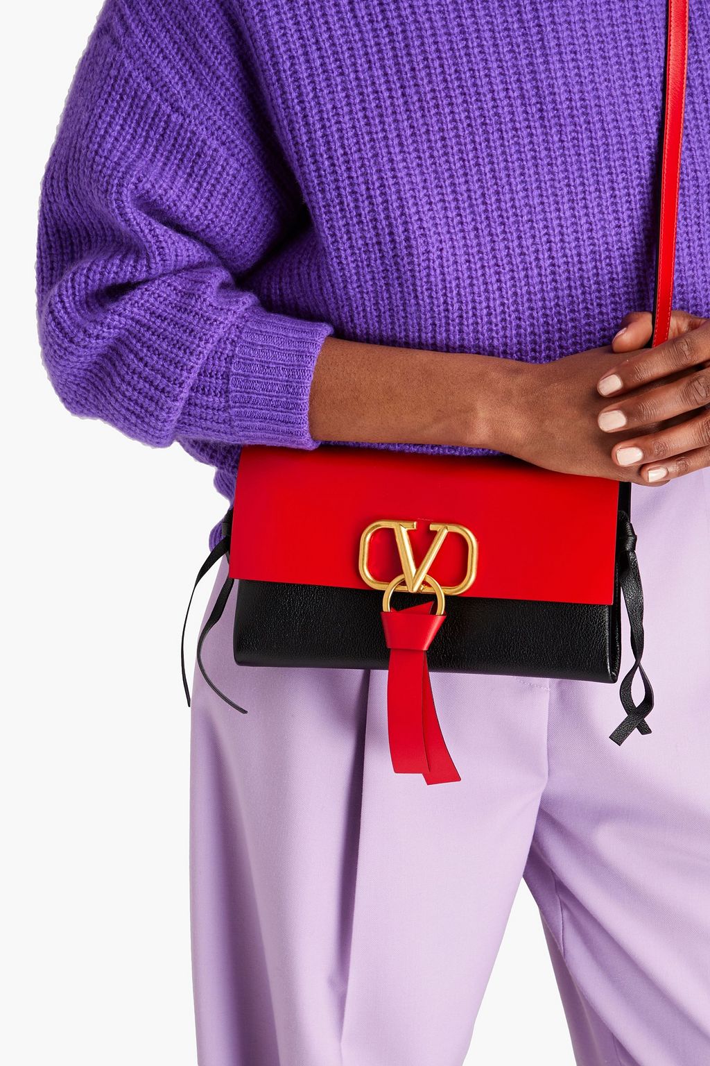 VALENTINO GARAVANI Zweifarbige Schultertasche aus strukturiertem Leder und Glattleder