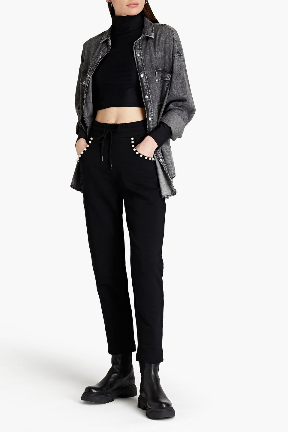 Love Moschino Bead-embellished French Cotton-terry Tapered Trousers In Black