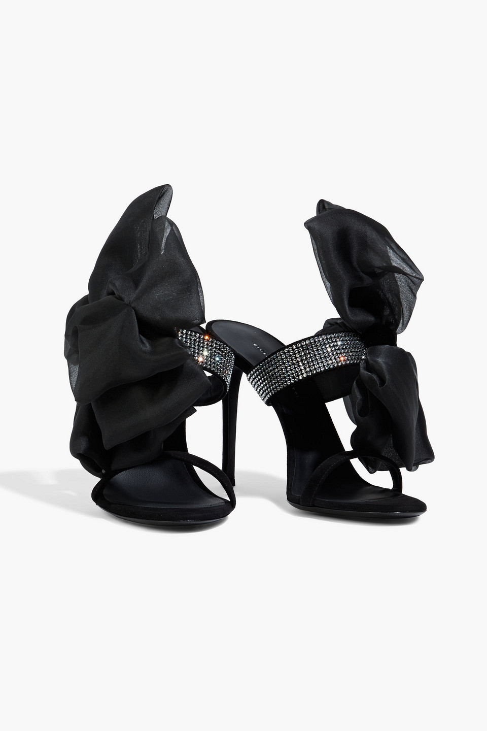 Giuseppe Zanotti Amabel 105 Suede Crystal-embellished Sandals With Organza Bow- Delivery In 3-4 Weeks In Black