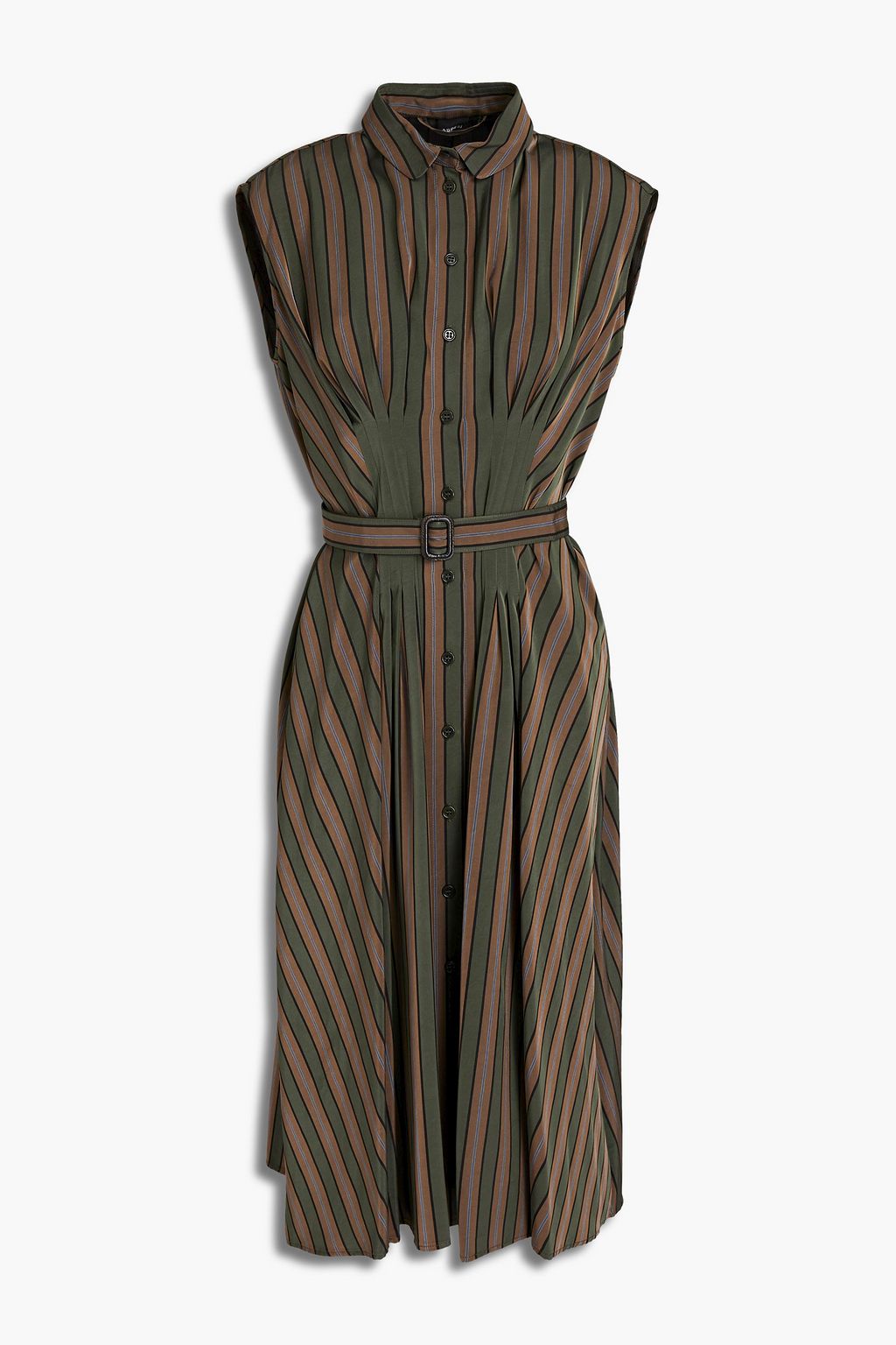 Leather trimmed striped twill midi dress