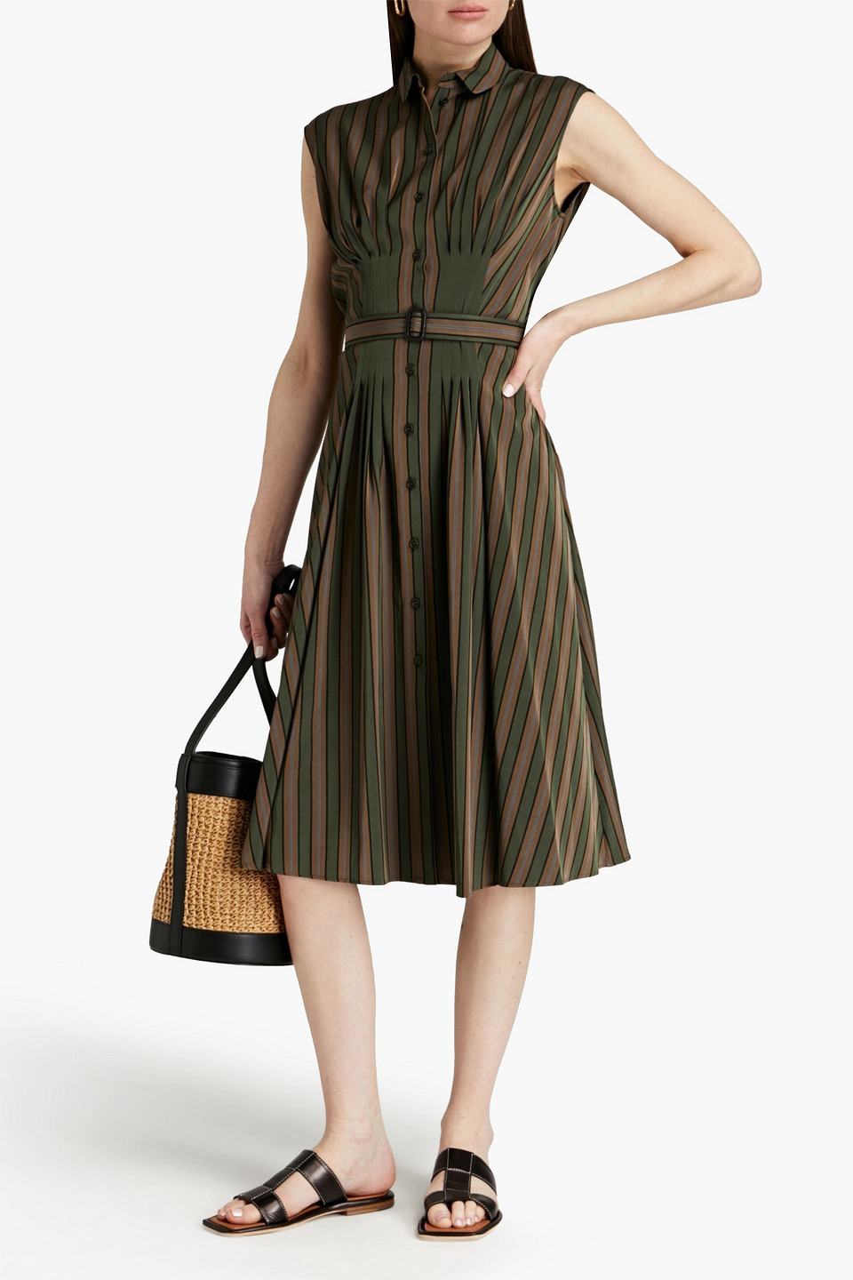 Aspesi Leather-trimmed Striped Twill Midi Dress In Army Green