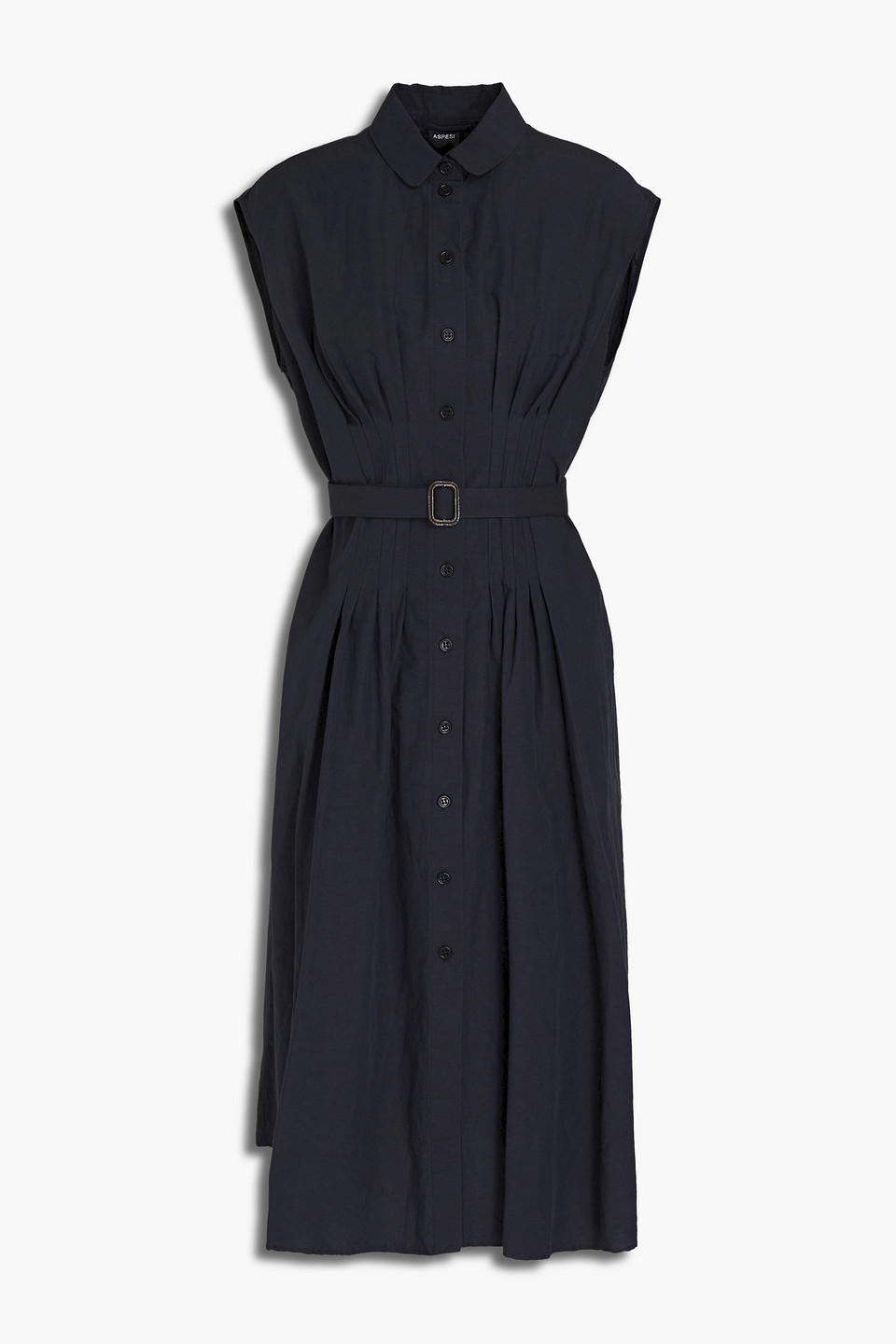 Aspesi Pleated Cotton And Linen-blend Poplin Midi Dress In Navy