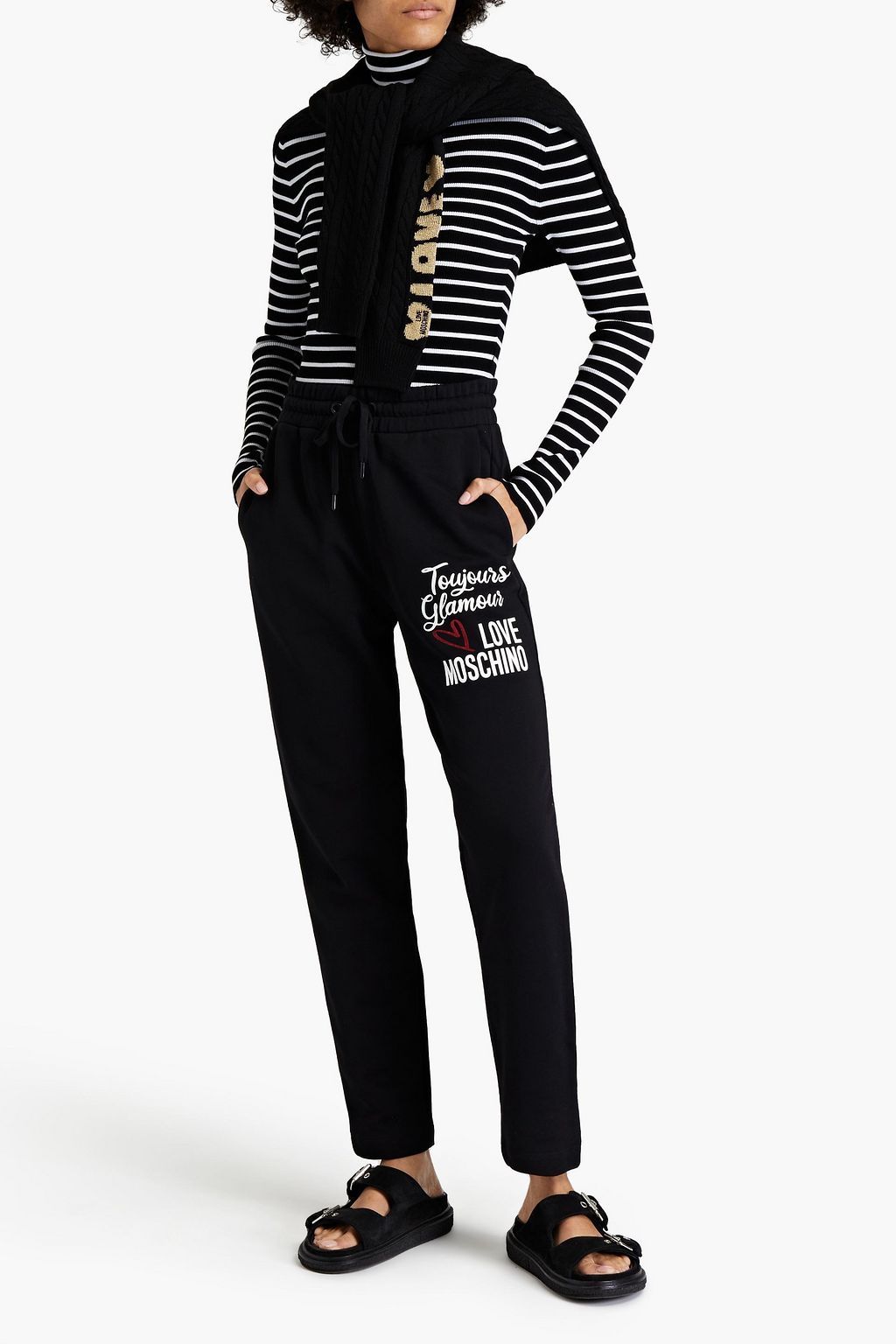 LOVE MOSCHINO Glittered printed French cotton-terry track pants
