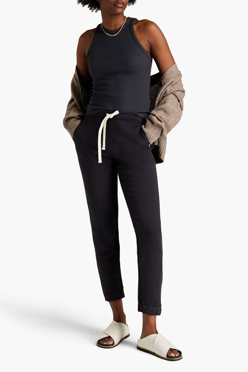 MONROW Cropped French cotton-terry track pants