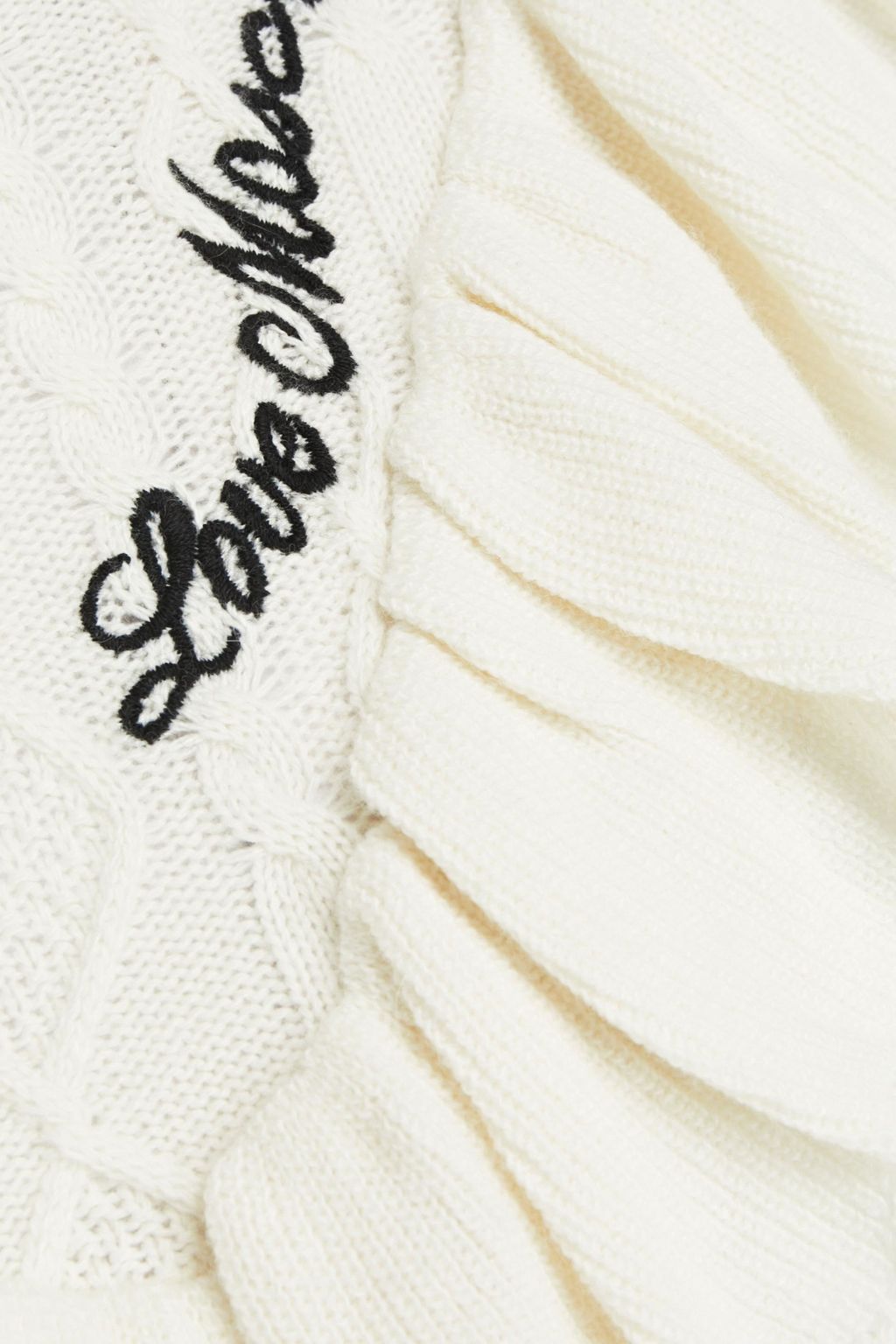 LOVE MOSCHINO Embroidered ruffled cable-knit turtleneck sweater