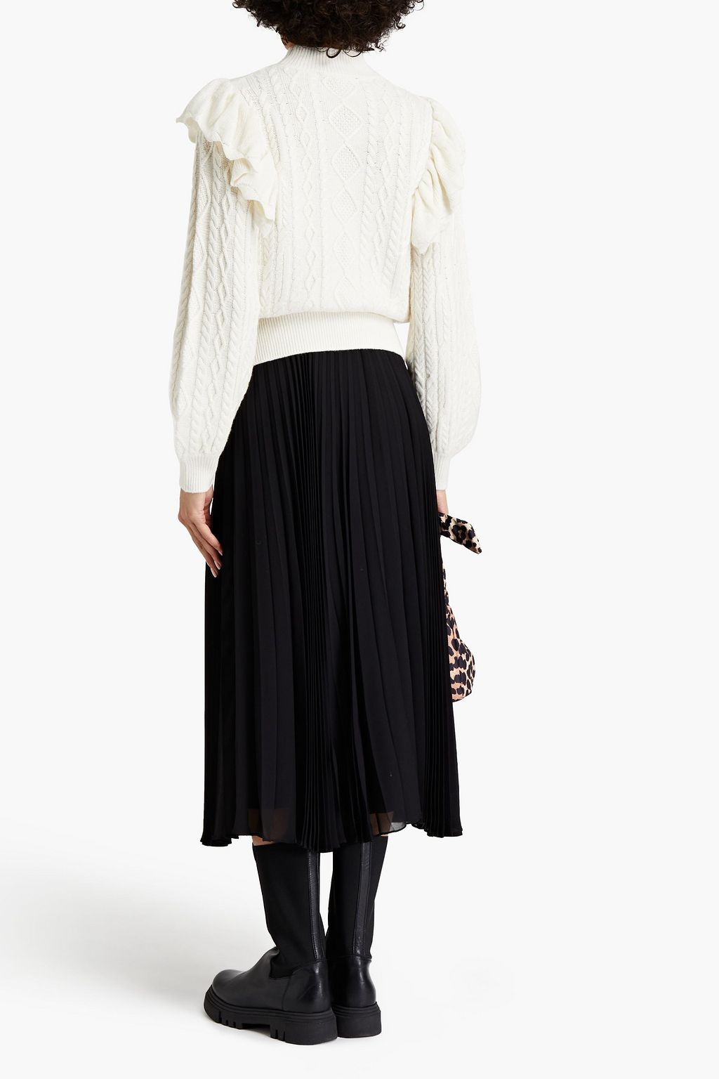 LOVE MOSCHINO Embroidered ruffled cable-knit turtleneck sweater