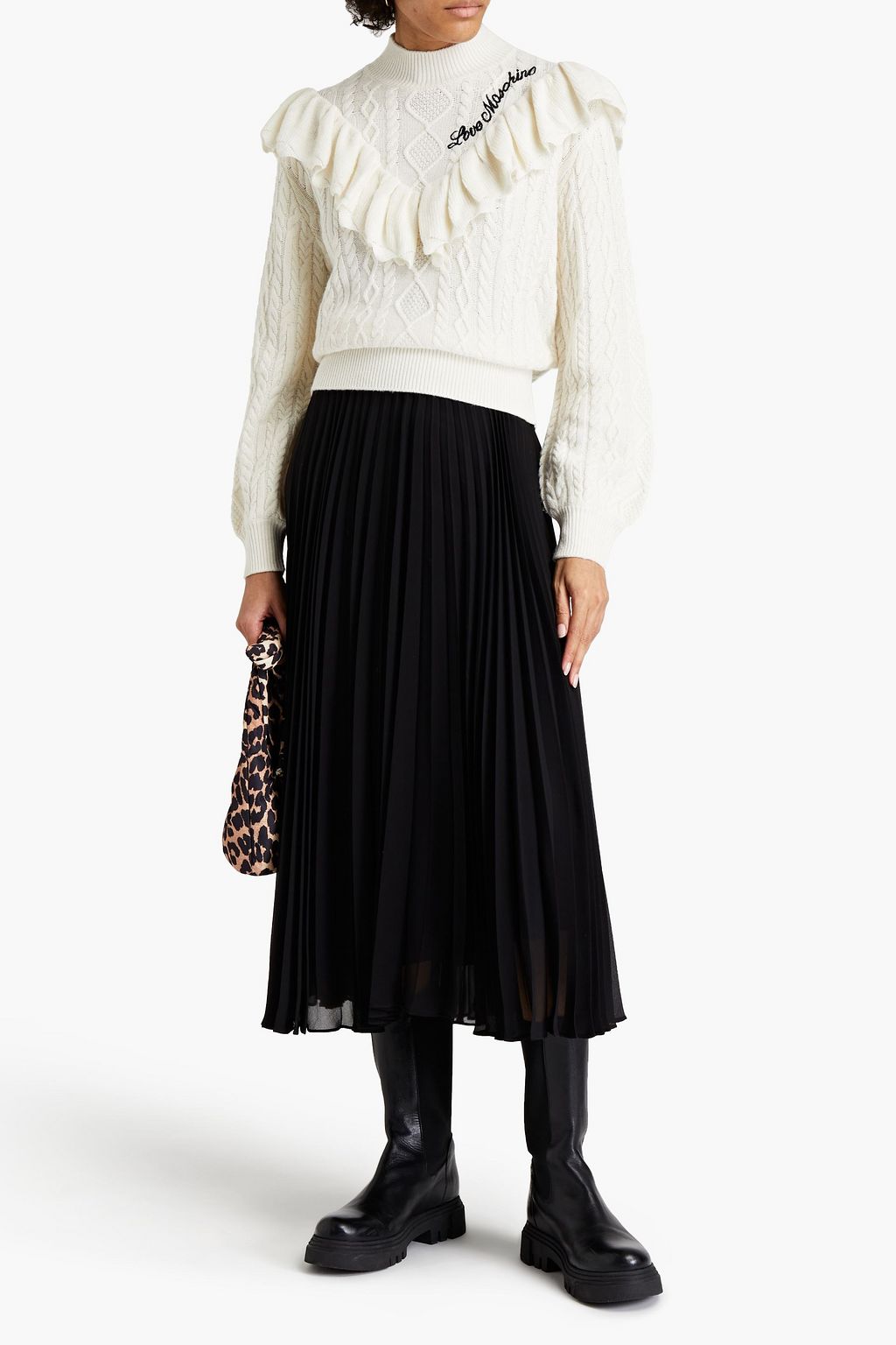 LOVE MOSCHINO Embroidered ruffled cable-knit turtleneck sweater