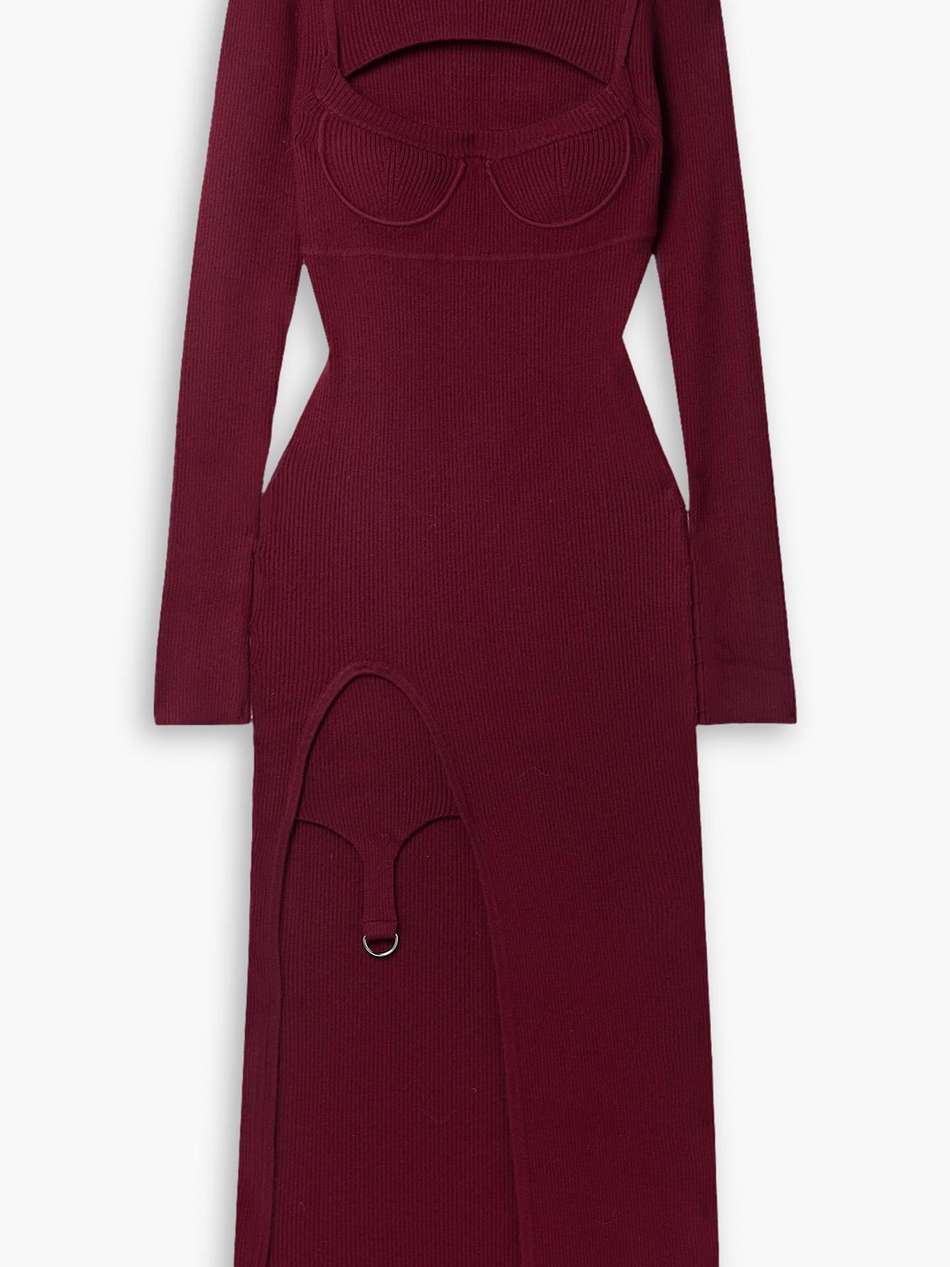 asymmetric cutout ribbed merino wool-blend midi dress