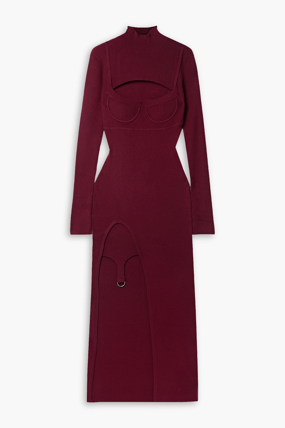 Monse Asymmetric Cutout Ribbed Merino Wool-blend Midi Dress In Burgundy