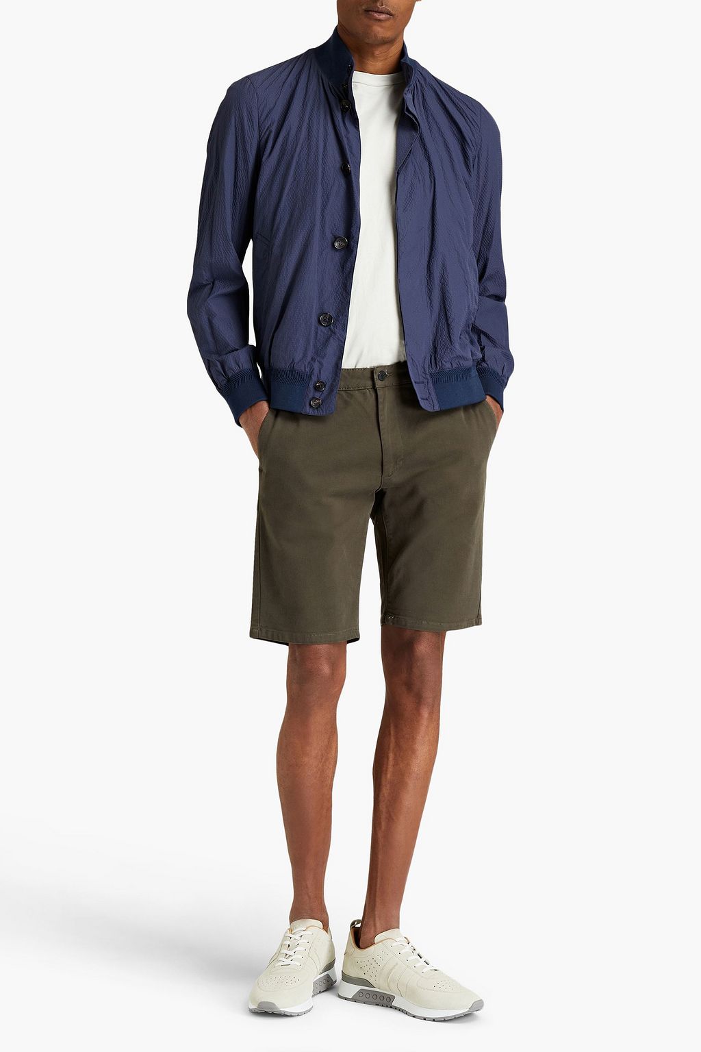 ZEGNA Leather-trimmed seersucker bomber jacket
