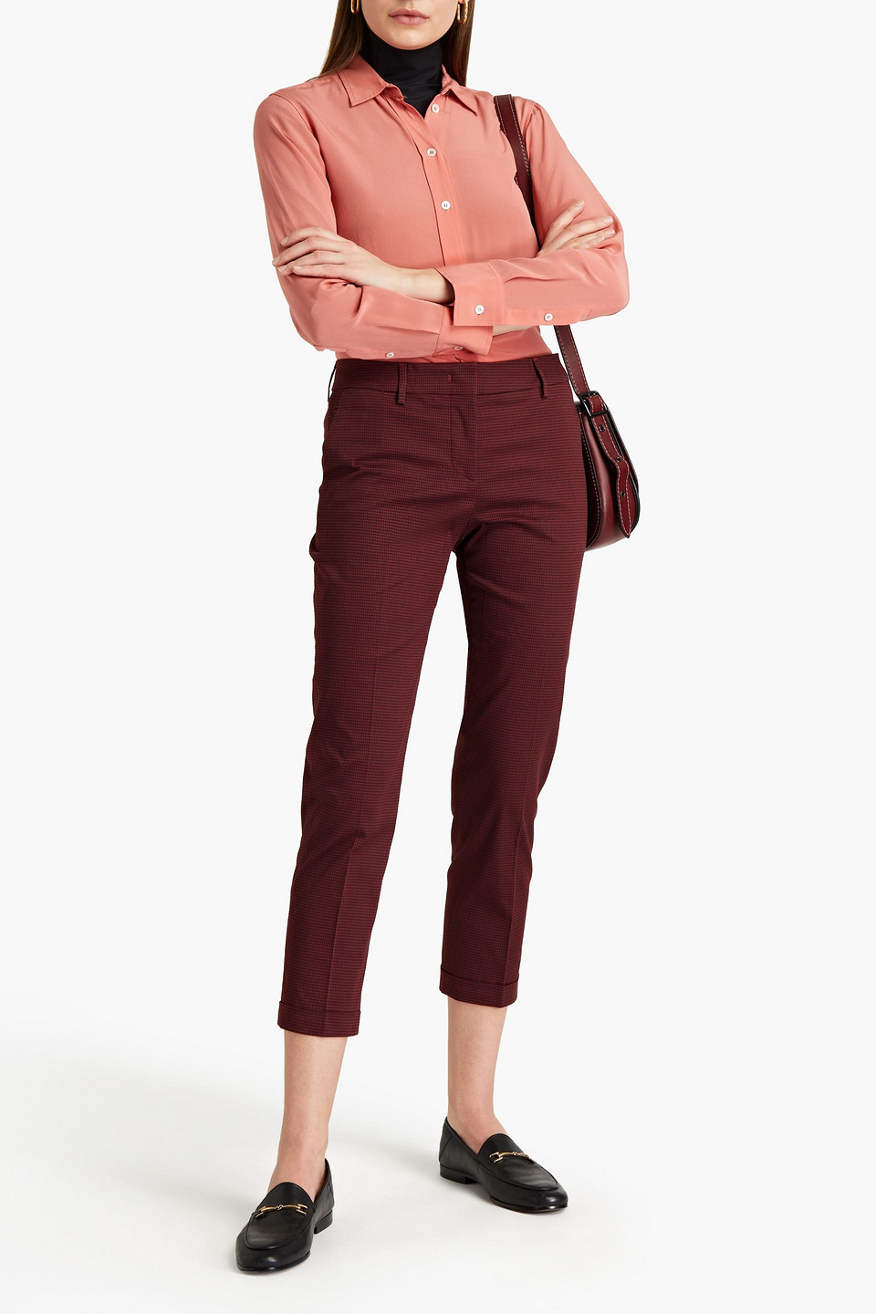 Piazza Sempione Cropped Checked Stretch-cotton Slim-leg Trousers In Burgundy