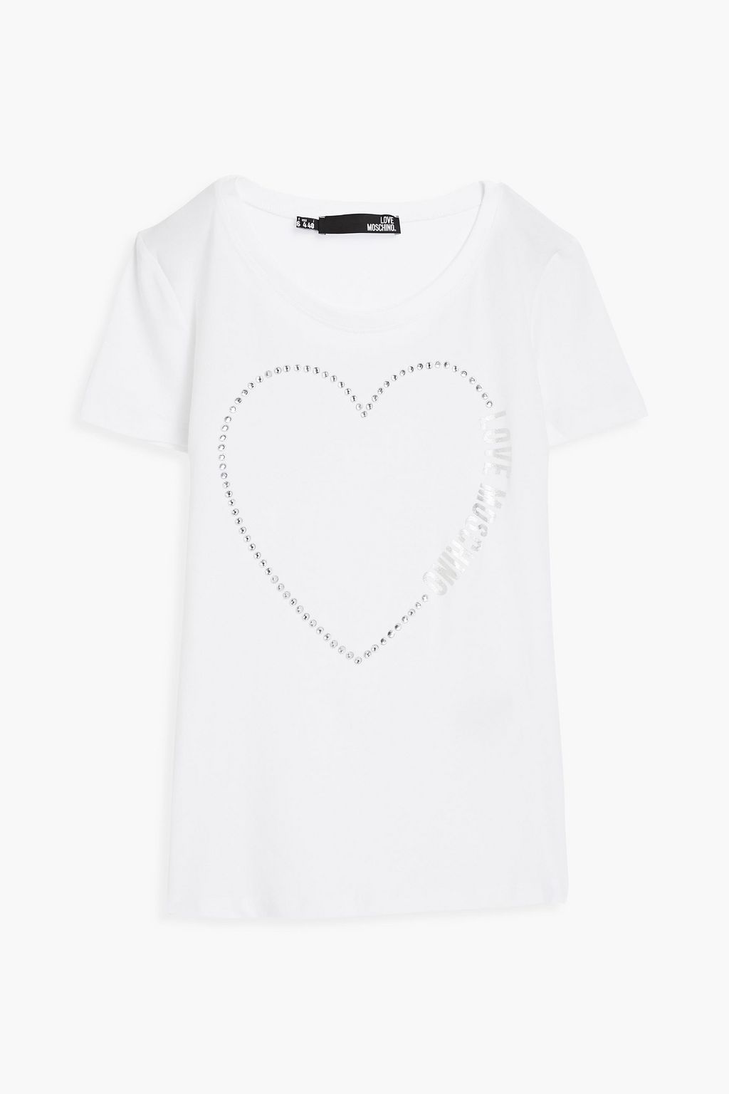 LOVE MOSCHINO Crystal-embellished printed stretch-cotton jersey T-shirt ...