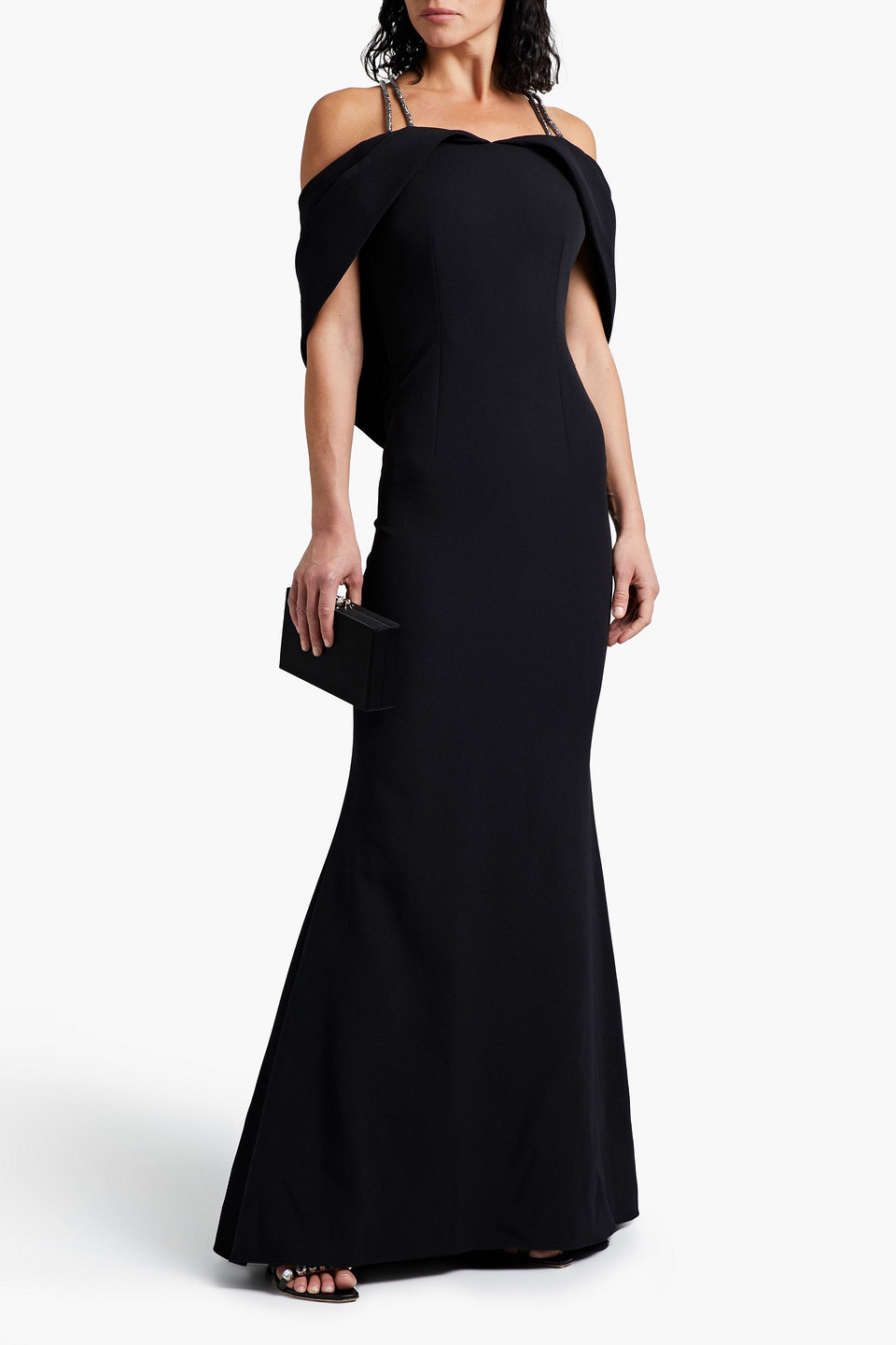 SAFIYAA ANNA OFF-THE-SHOULDER CRYSTAL-EMBELLISHED STRETCH-CREPE GOWN,3074457345630152015