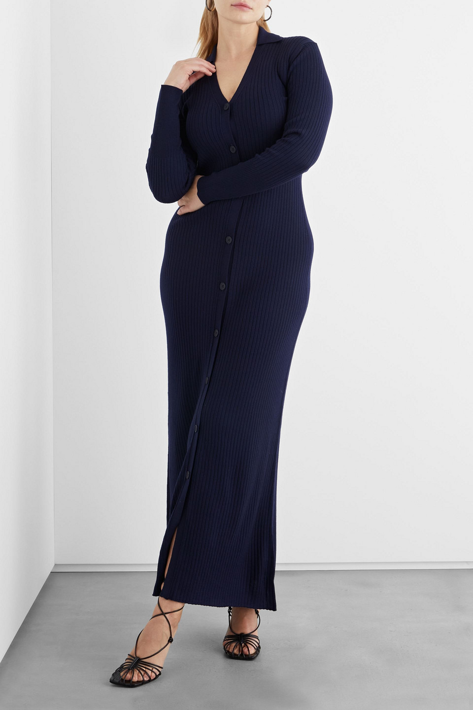Iris & Ink Meline Ribbed Merino Wool Maxi Dress In Navy