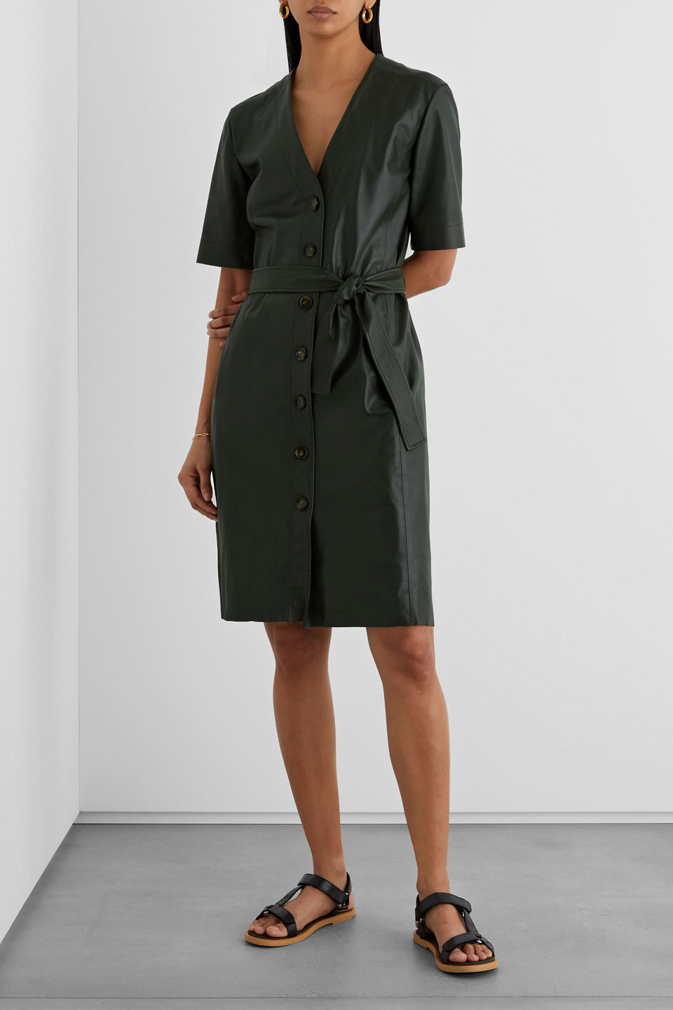 Iris & Ink Andrée Belted Leather Dress In Dark Green