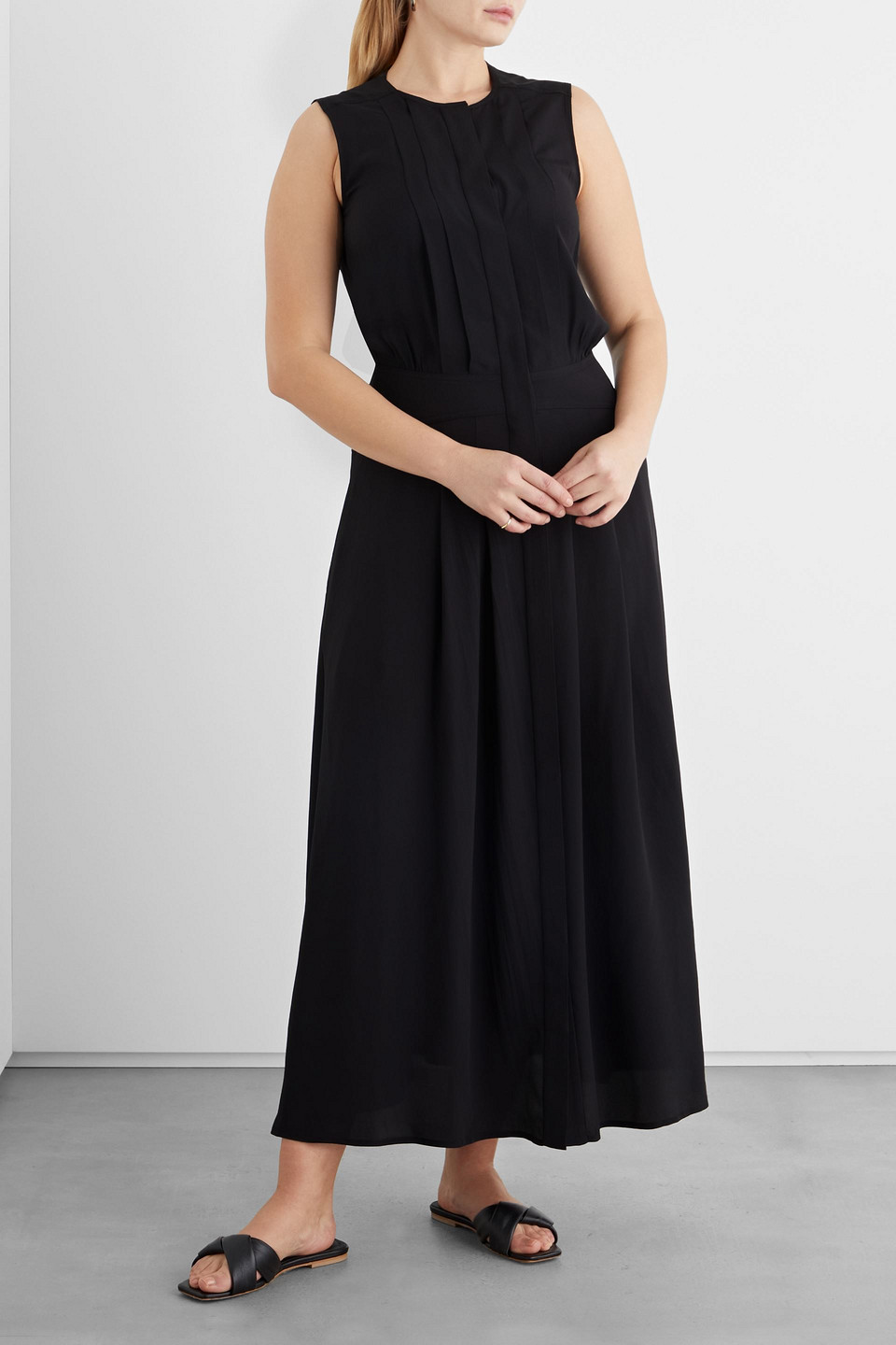 Iris & Ink Constance Pintucked Crepe De Chine Maxi Dress In Black