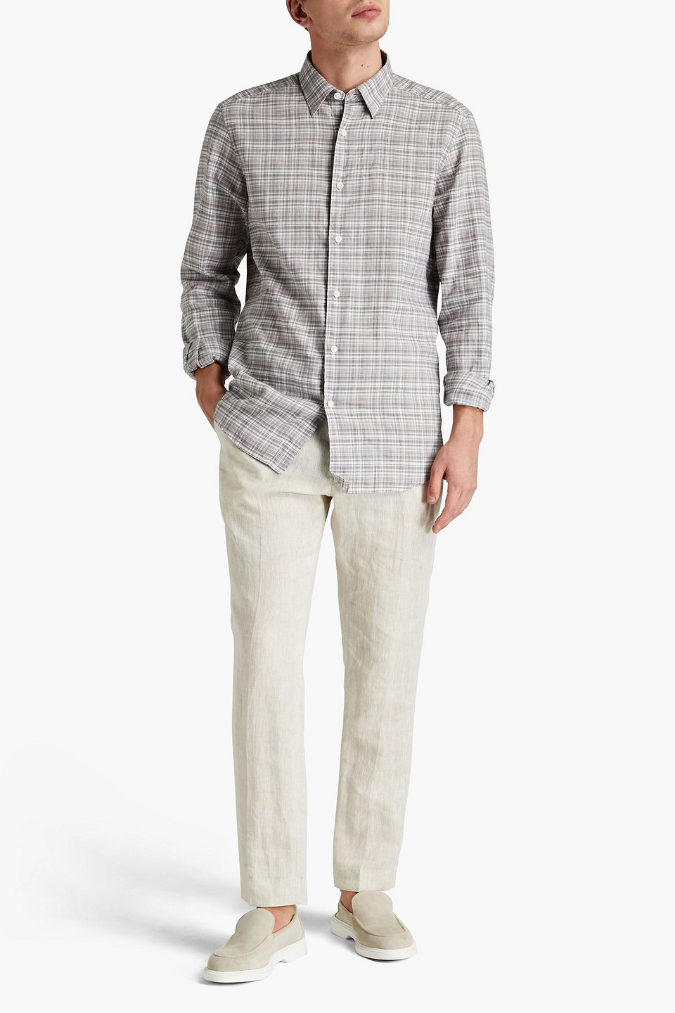 Ermenegildo Zegna Man Checked Slub Linen And Cotton-blend Shirt In Blush