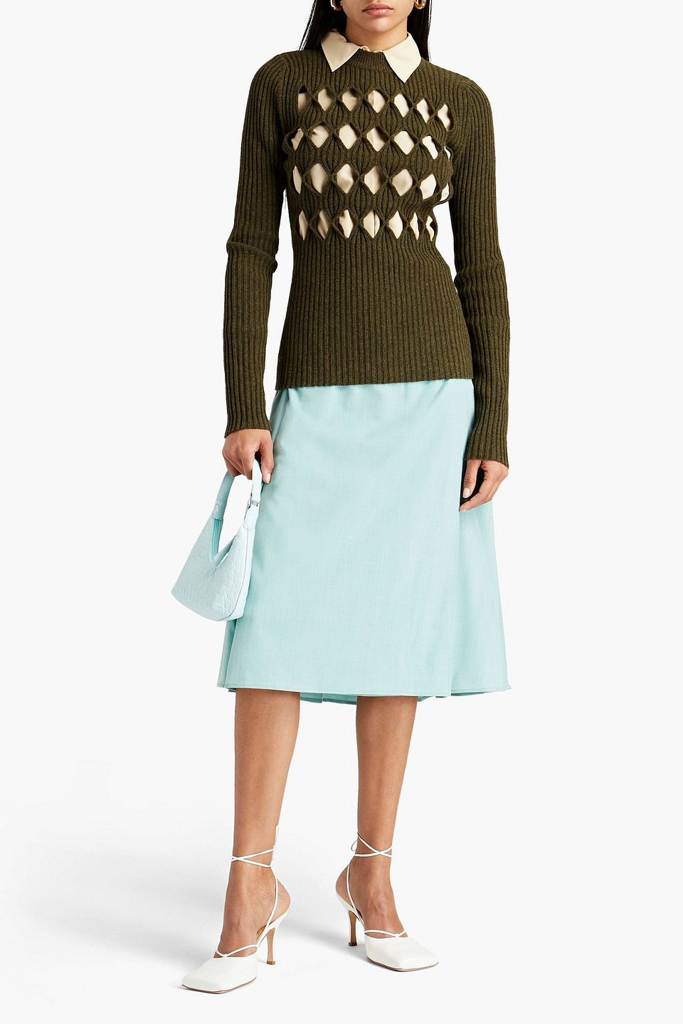Victoria Beckham Cutout Ribbed Wool-blend Sweater In Army Green